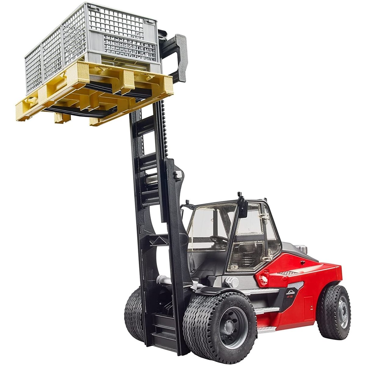 Chariot élévateur Linde HT160D avec palette et 3 gitterbox multicolore, BRUDER