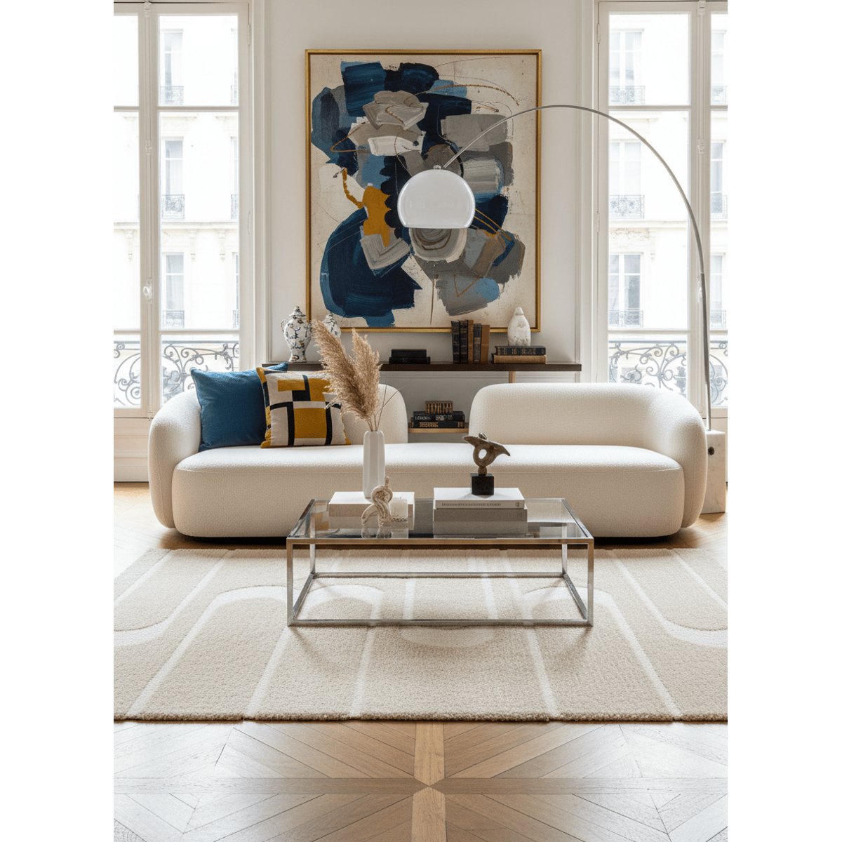 Tapis doux et épais en polyester recyclé effet relief CALLIGRAMME beige sable, AFK LIVING