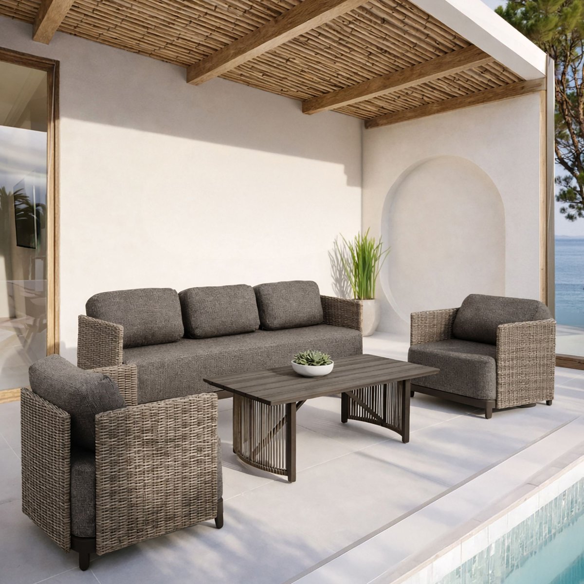 Salon de jardin 5 places en aluminium et tissu, MADRAGUE moka, NOW'S HOME