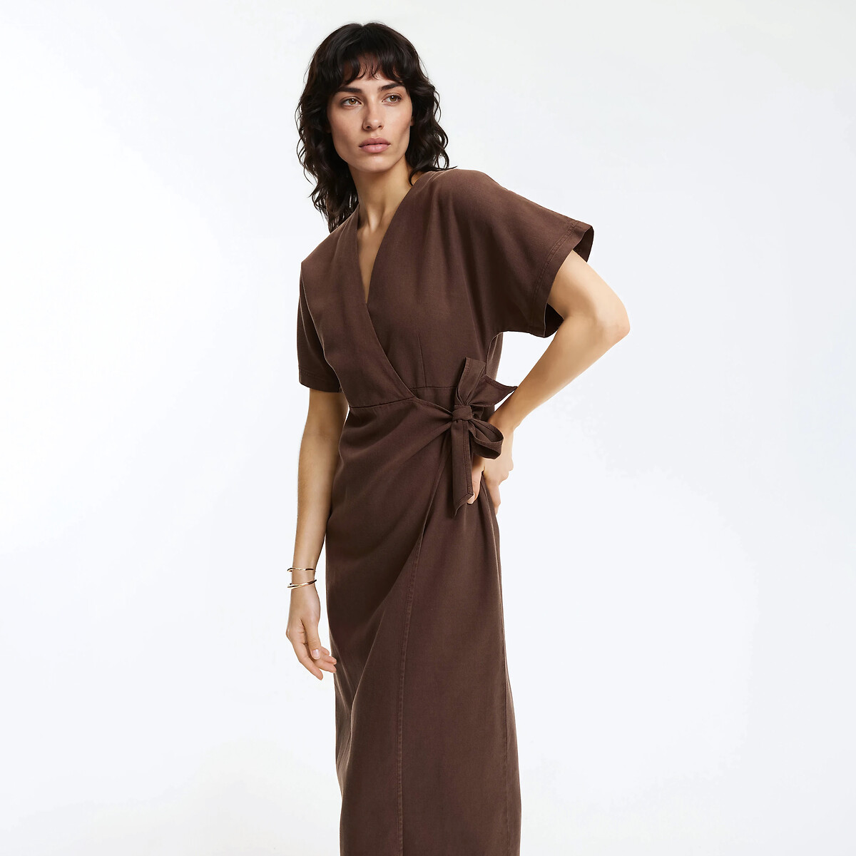 Robe portefeuille midi manches courtes marron foncé, LA REDOUTE COLLECTIONS