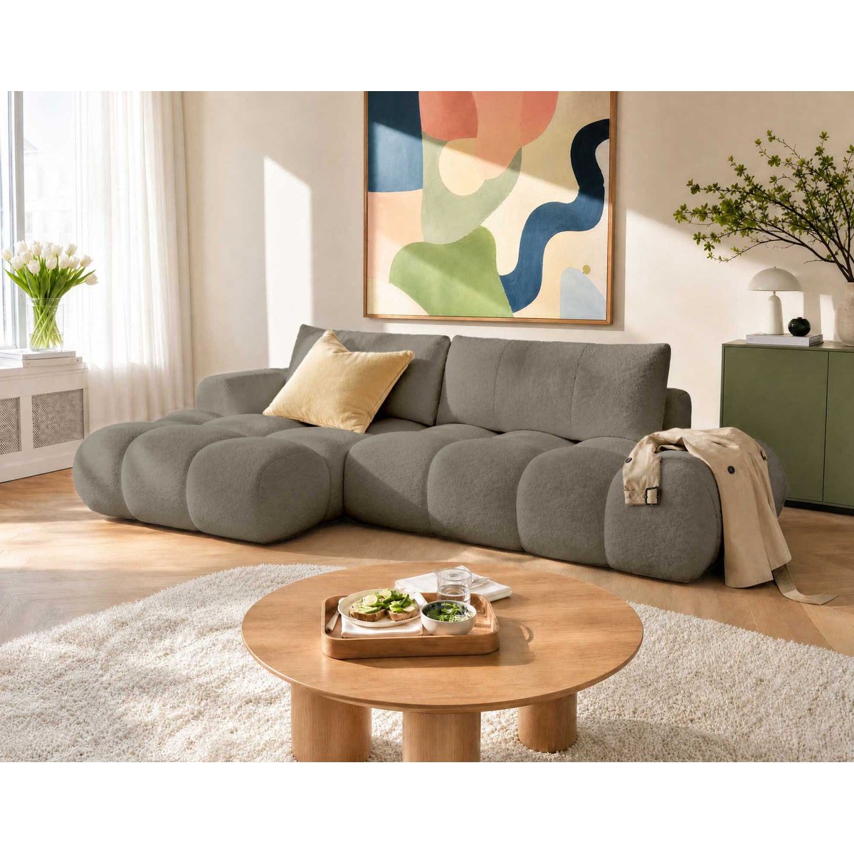Canapé d'Angle Convertible en Tissu bouclette 4 places - YULIN gris, LISA DESIGN