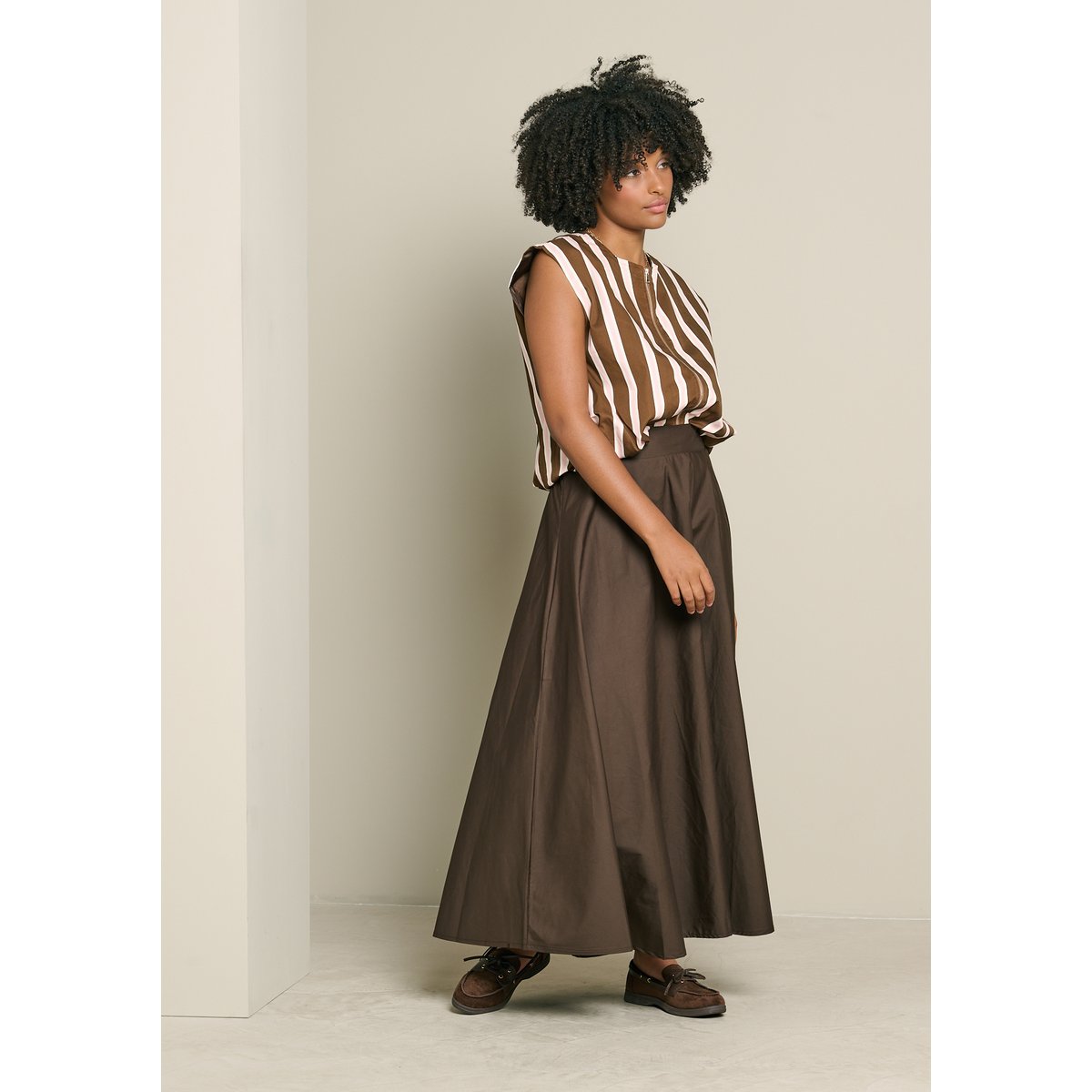 Jupe maxi en popeline brun fonce chocolate, LOLALIZA