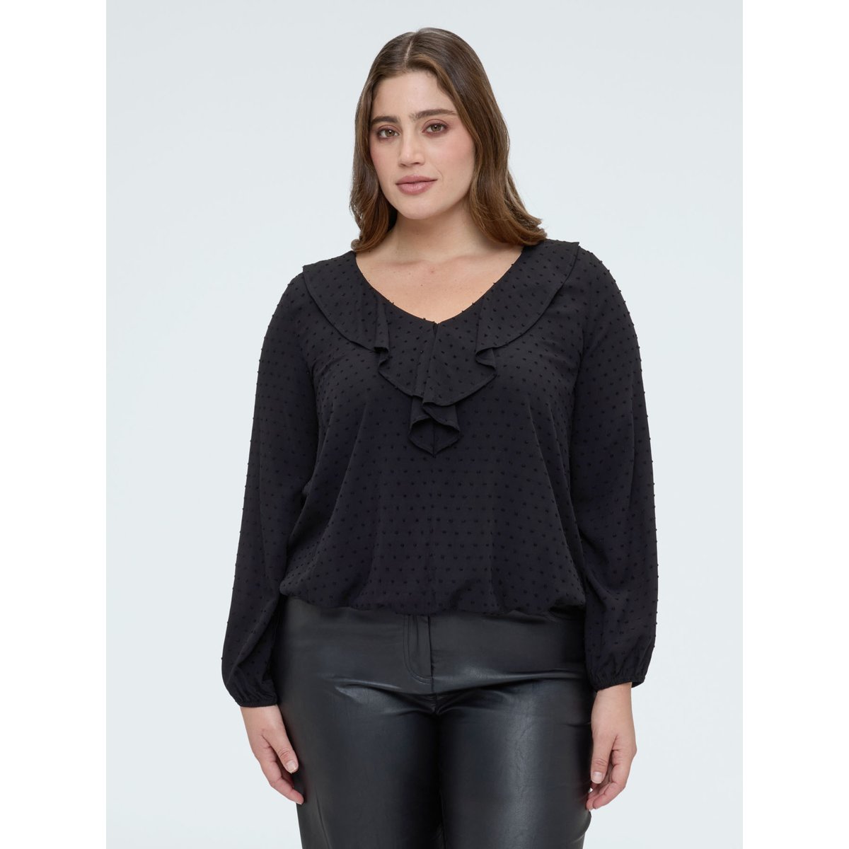 Blouse à pois avec volant noir, FIORELLA RUBINO