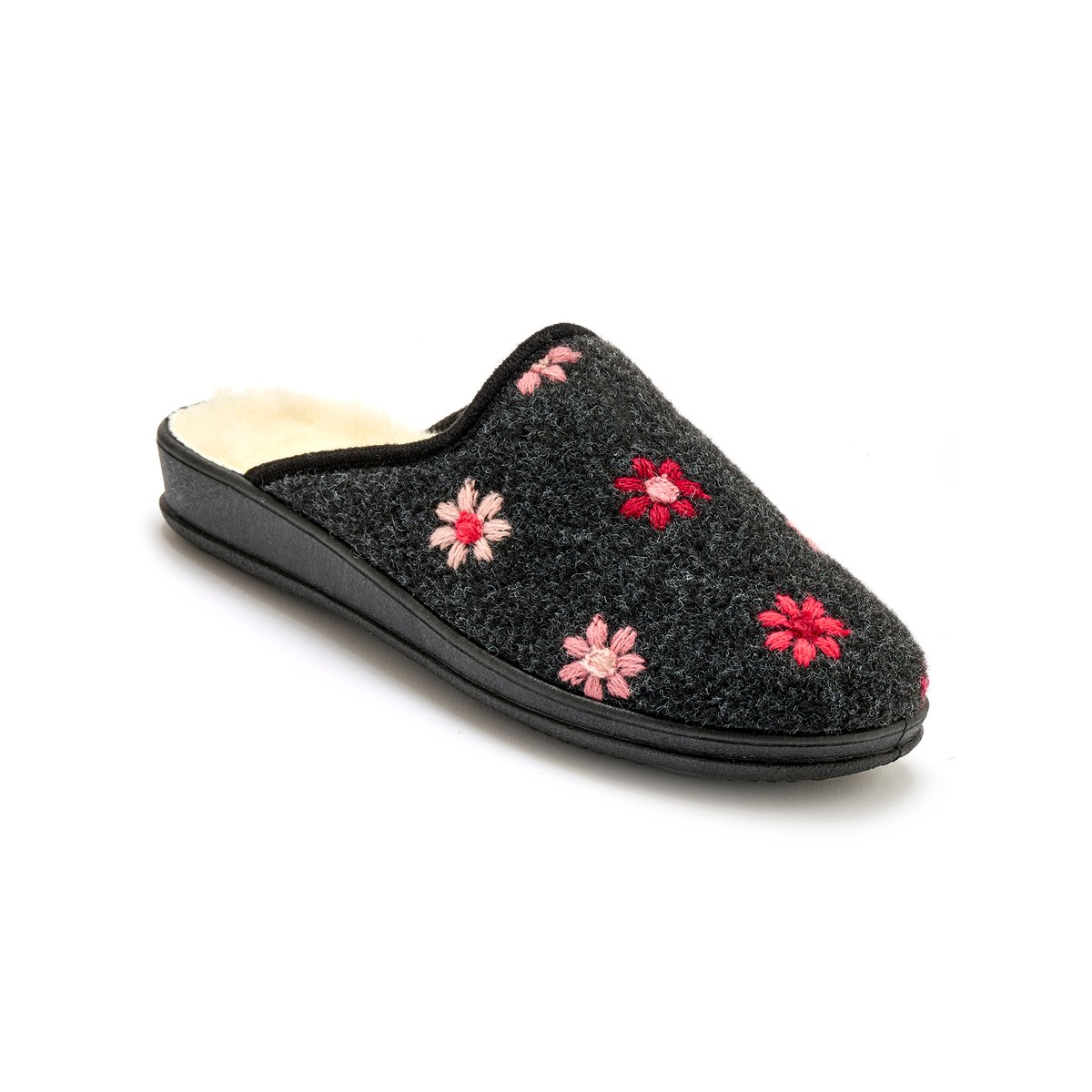 Mules fourrées laine gris foncé / fleurs brodées, PEDICONFORT