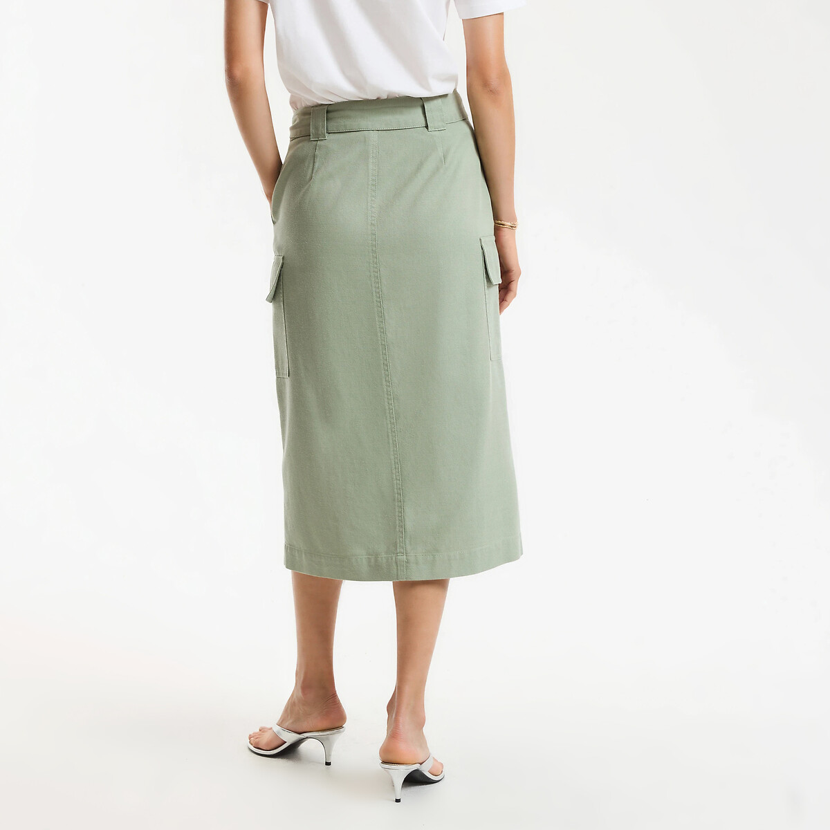 Jupe midi portefeuille en lyocell et coton vert kaki, LA REDOUTE COLLECTIONS