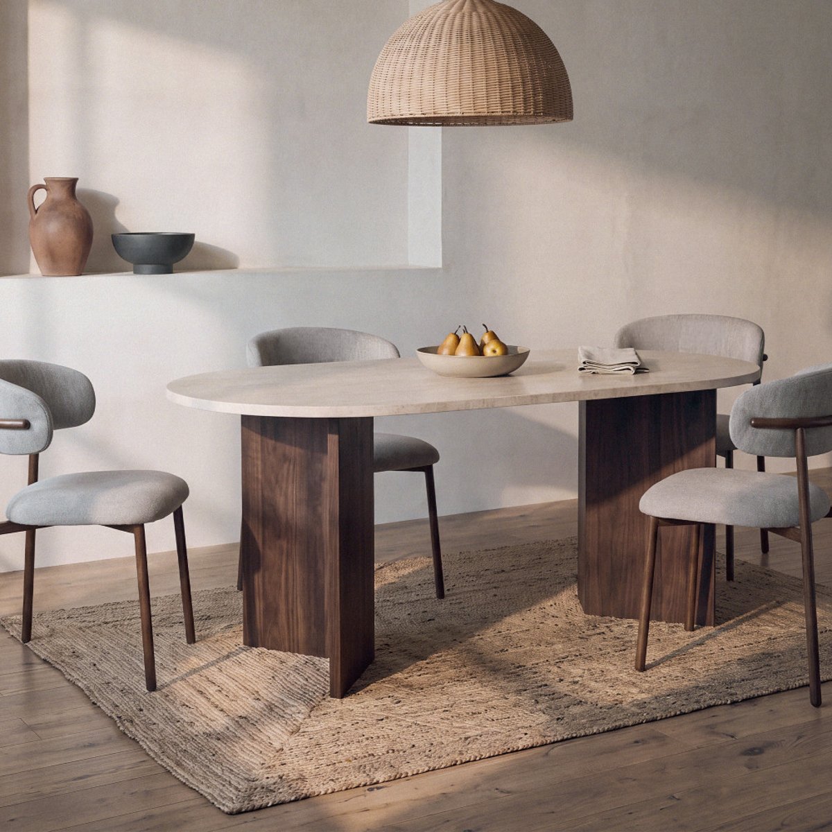 Table à manger 8 personnes ovale en bois et effet travertin - CALIAN beige, DRAWER