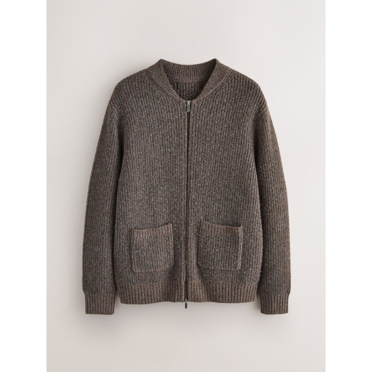 Cardigan zippé côtelé décontractée en laine marron, NEXT