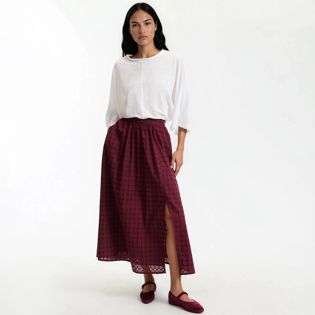 T-shirt en lin col rond manches larges blanc, LA REDOUTE COLLECTIONS
