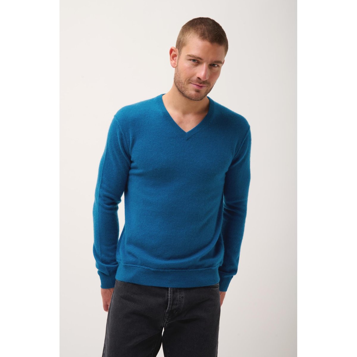 Pull Col V Paon Tom bleu vert, JUST CASHMERE