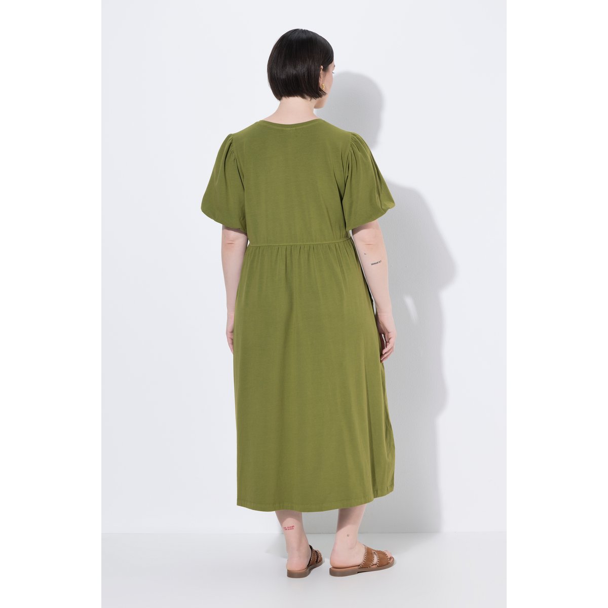 Robe longue, coupe A, col rond olive, ULLA POPKEN