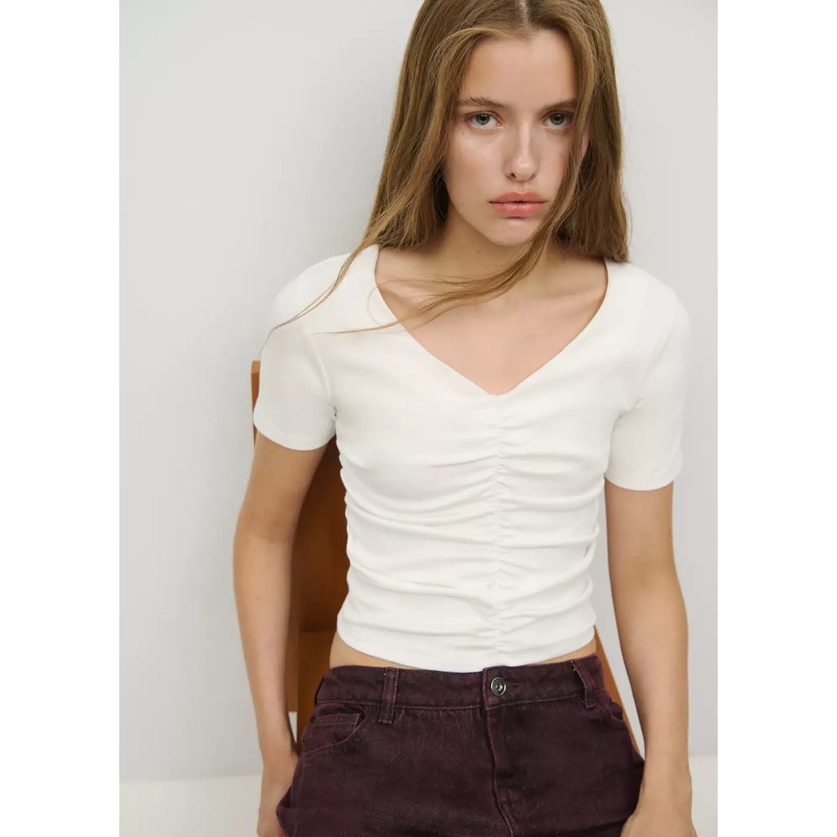 T-shirt coton drapé blanc cassé, MANGO TEEN