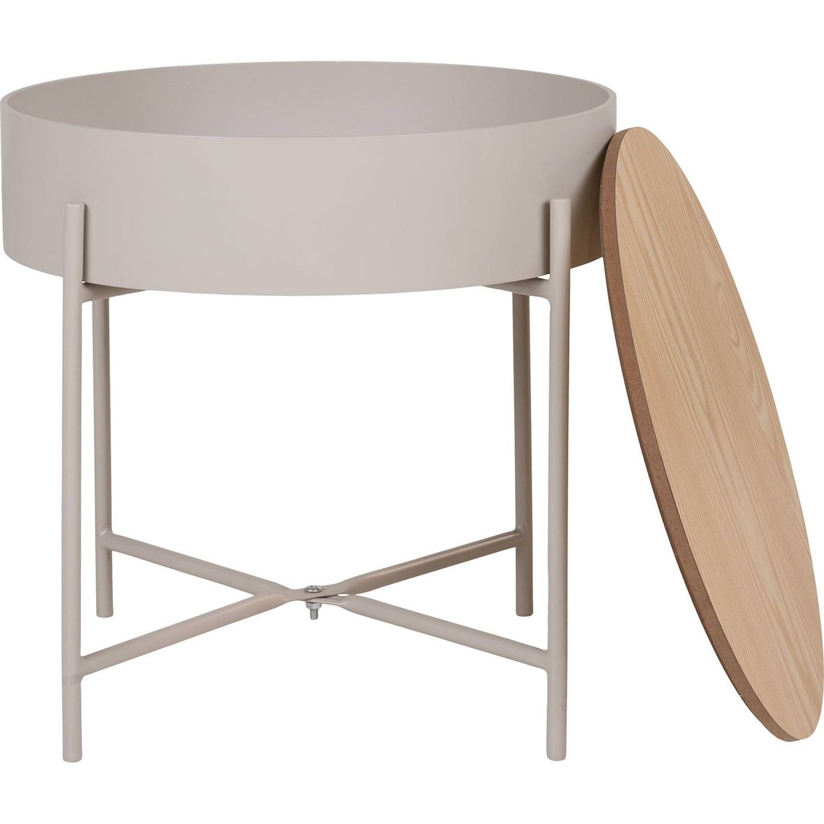 Table basse ronde métal avec rangement beige clair et chêne, RECOLLECTION