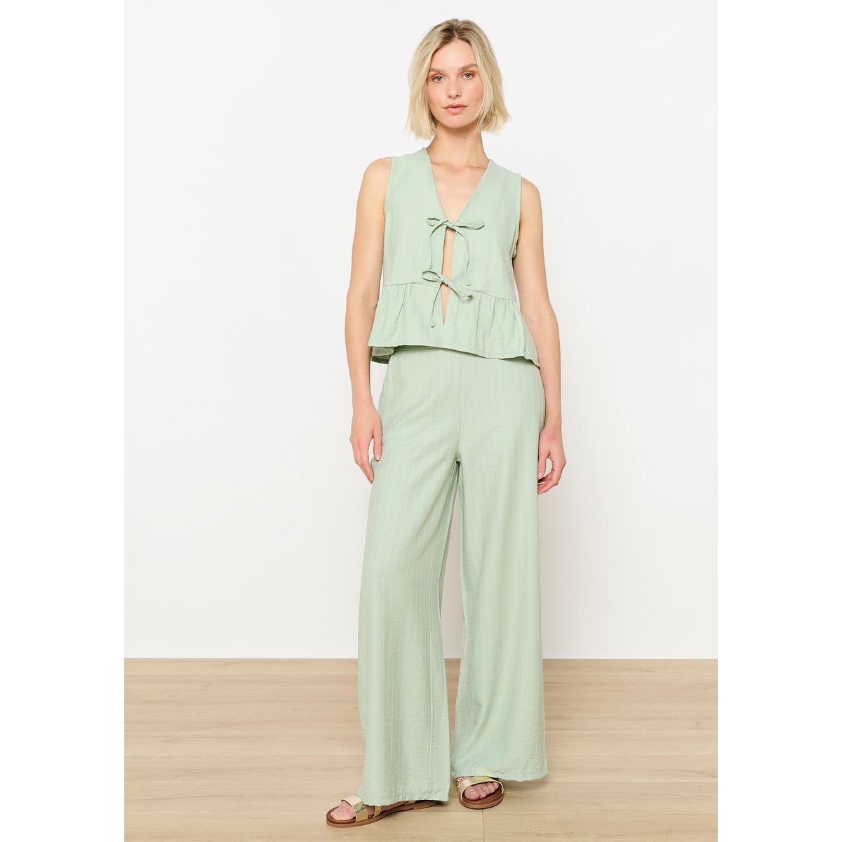 Blouse rayée nouée à volants vert menthe, LOLALIZA