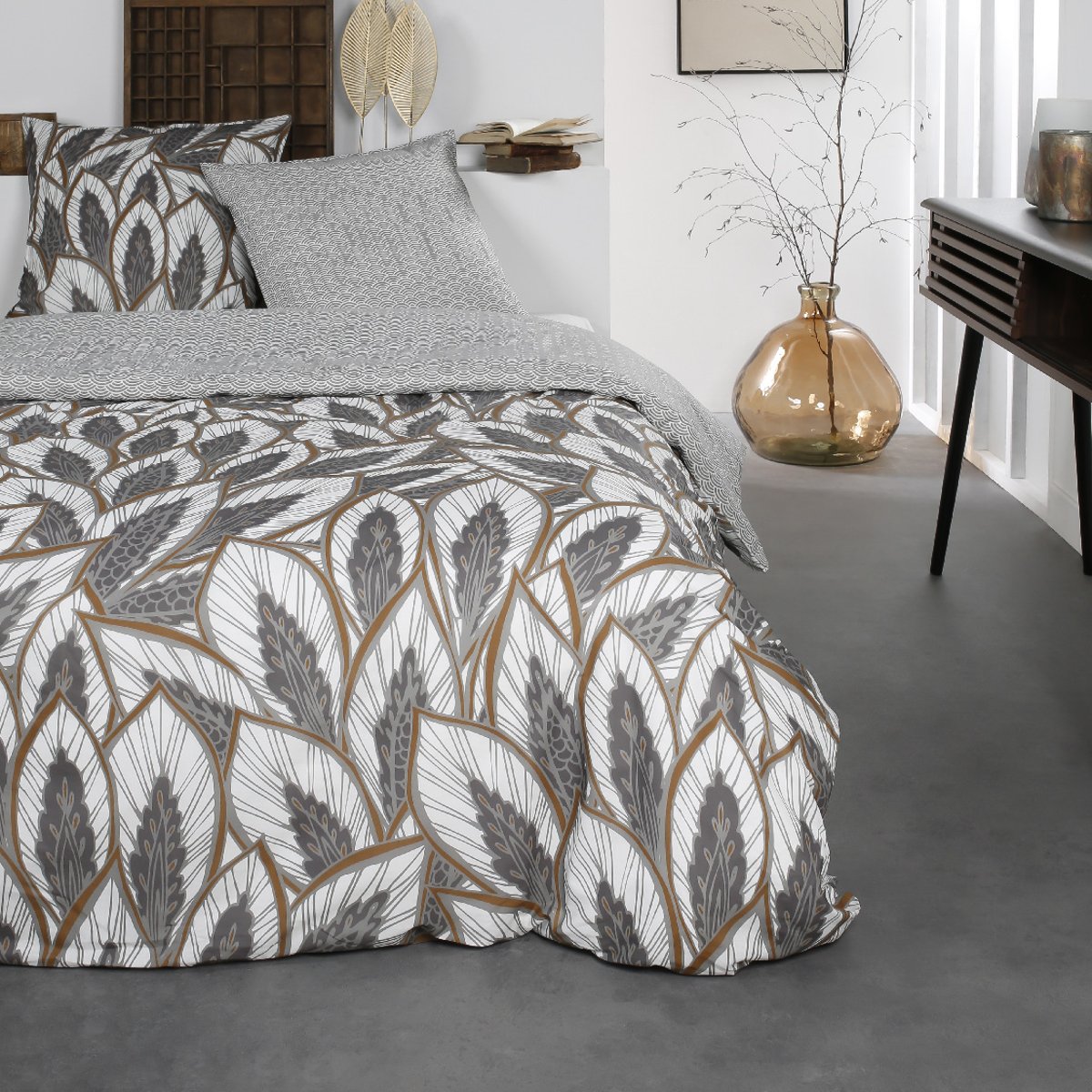 Parure de lit 2 personnes imprimé floral coton SUNSHINE NOA marron, TODAY