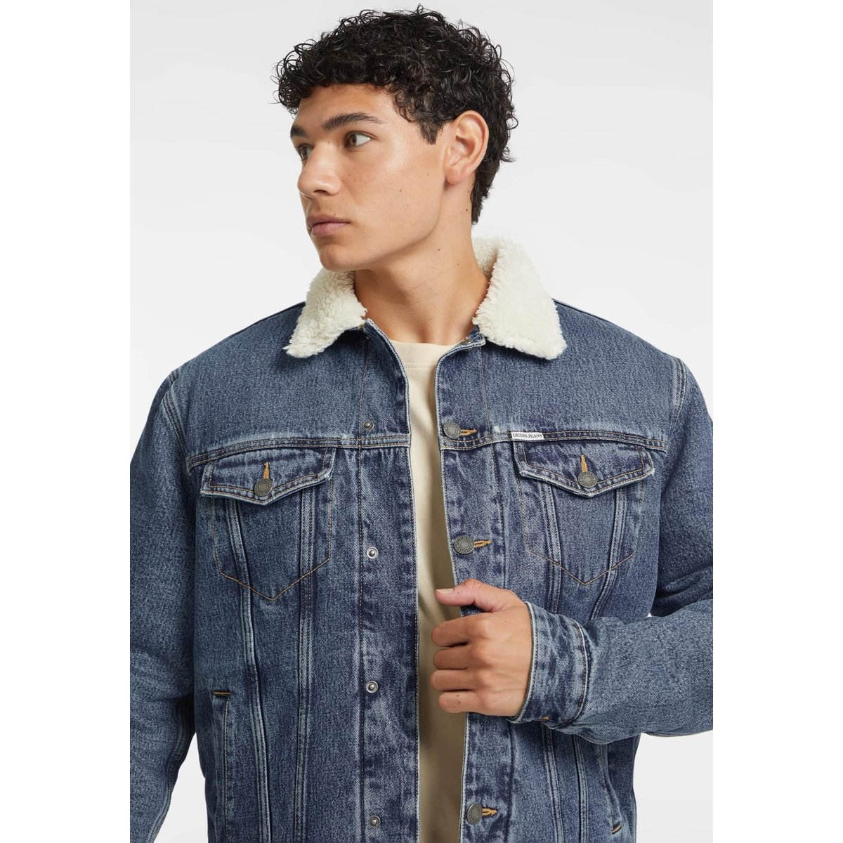 Veste Trucker Jean Col Sherpa bleu, GUESS JEANS