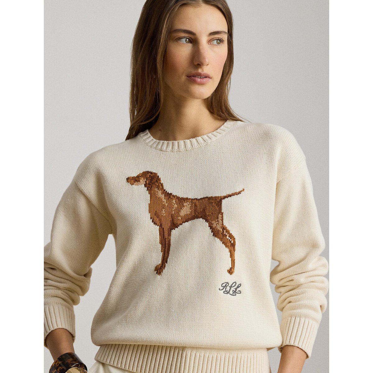 Pull col rond à motif chien crème, LAUREN RALPH LAUREN