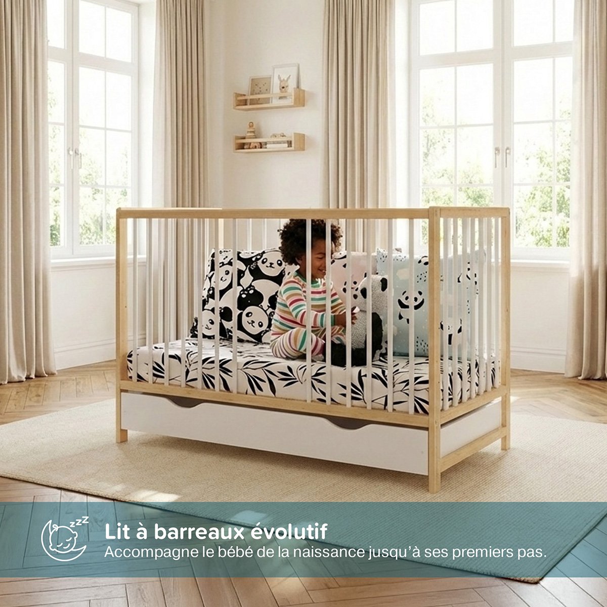 Lit bébé évolutif Mathis - De la naissance à 3 ans blanc et bois, MINEA