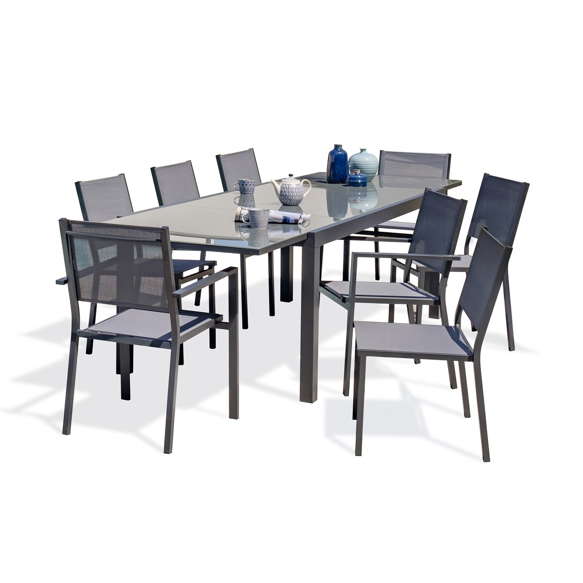 Ensemble repas 8 à 12 places en aluminium et plateau verre TOLEDE gris anthracite, DCB GARDEN