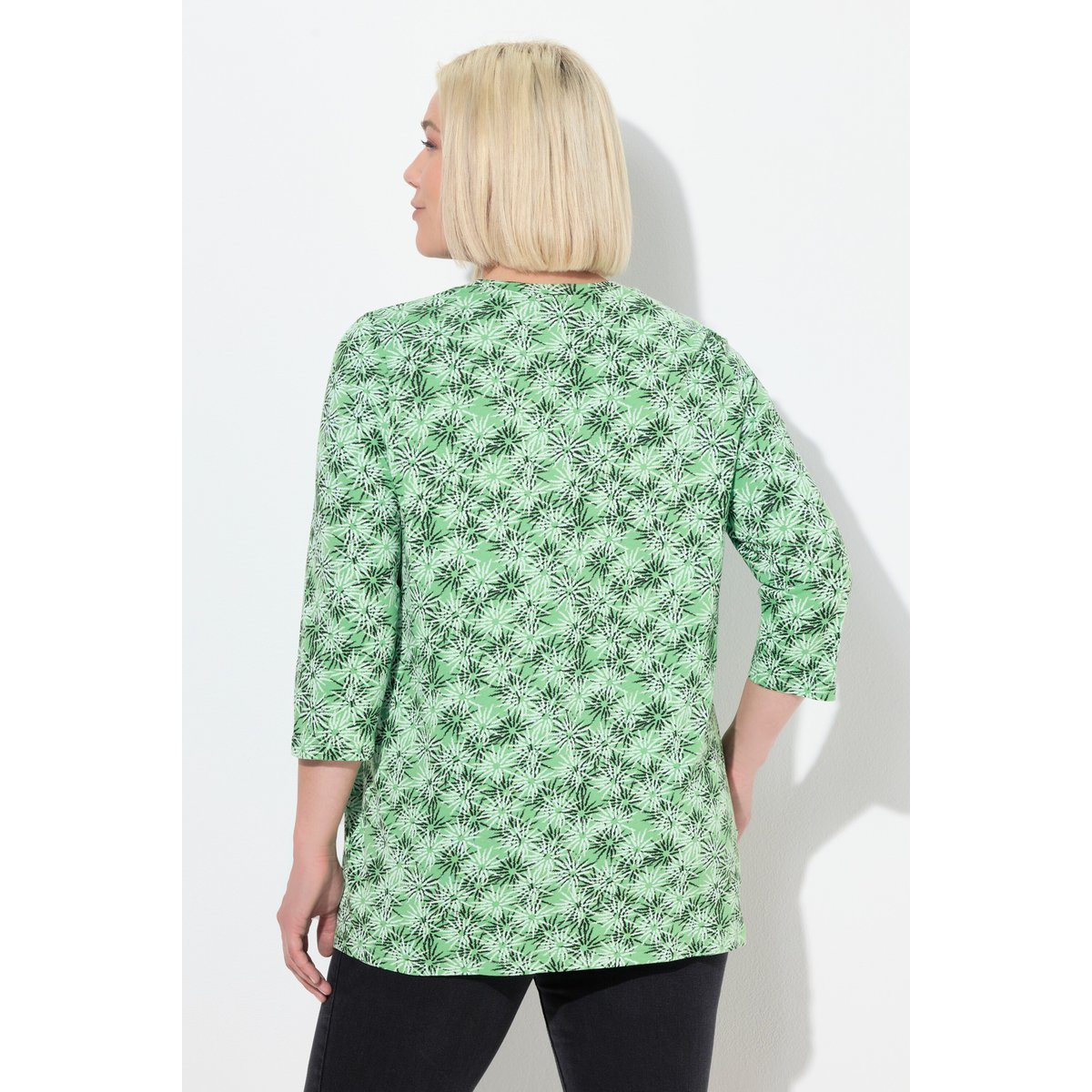 T-shirt à fleurs, col rond et manches 3/4 vert pomme, ULLA POPKEN