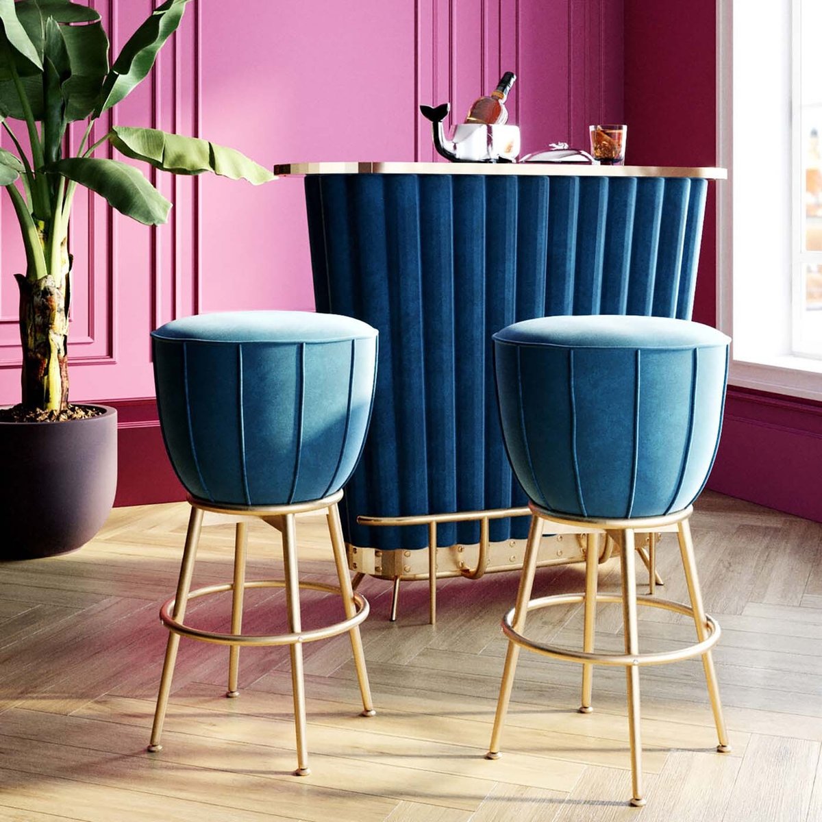 Tabouret de bar en velours, AFTER WORK bleu, KARE DESIGN