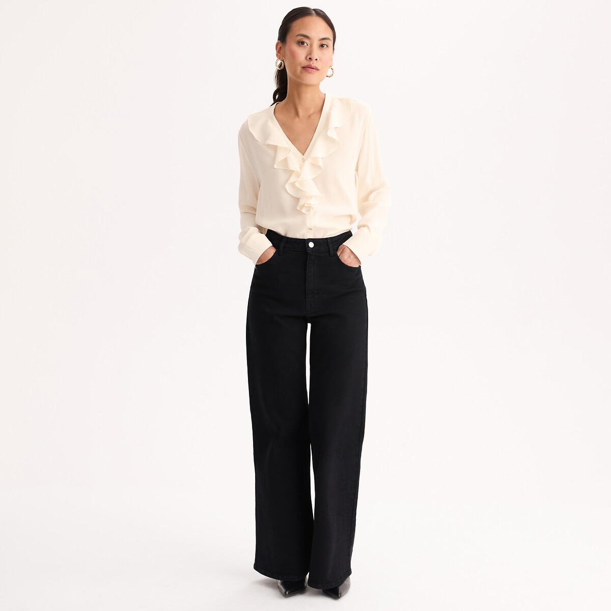 Blouse col V à volants manches longues ecru, ANNE WEYBURN