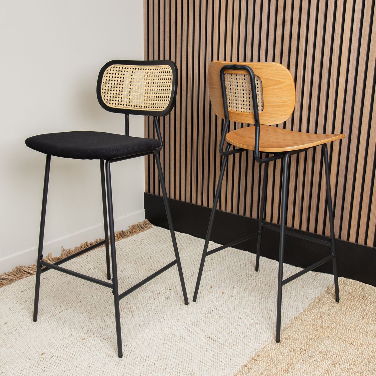 Lot de 2 chaises de bar en bois et velours, NOSARA noir, NOW'S HOME