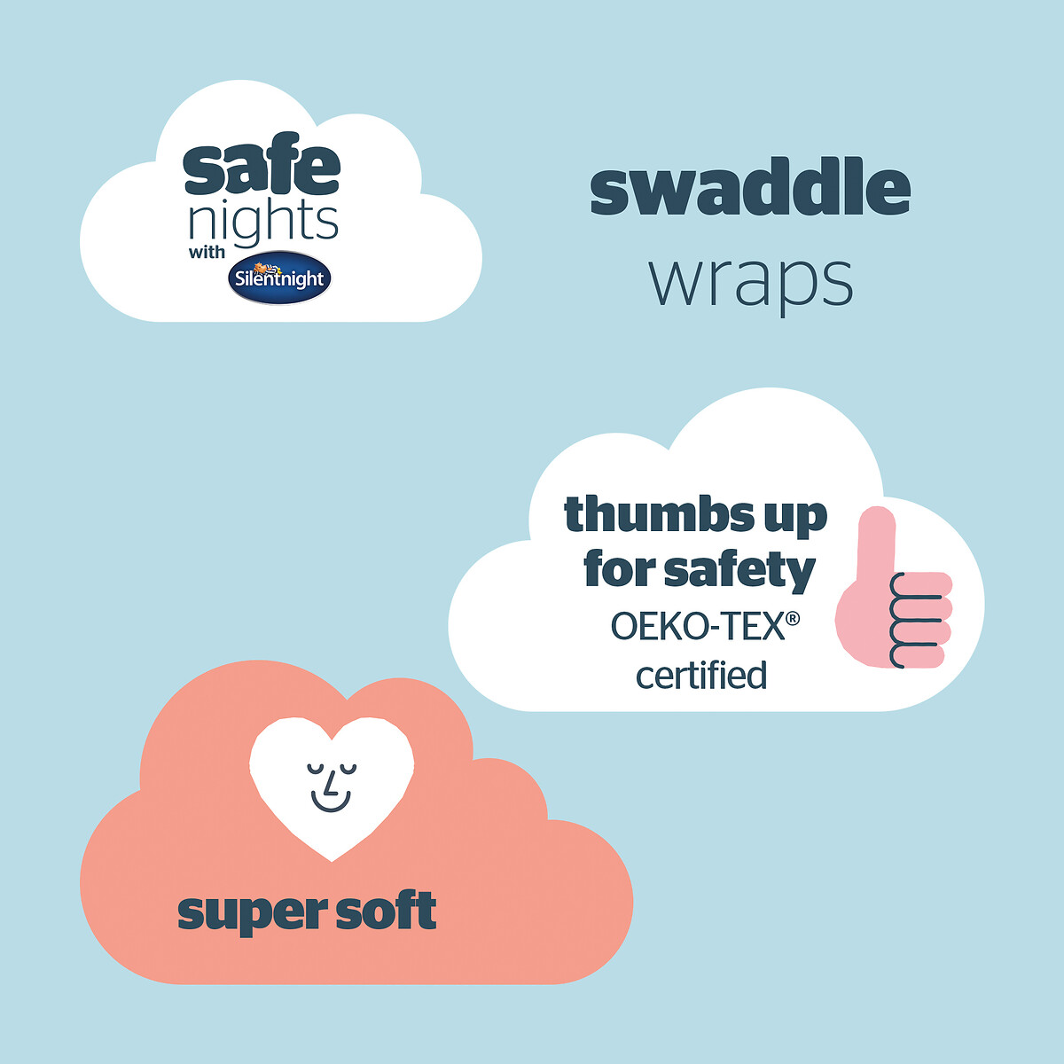 Safe Nights Set of Three Swaddle Blanket grey, SILENTNIGHT