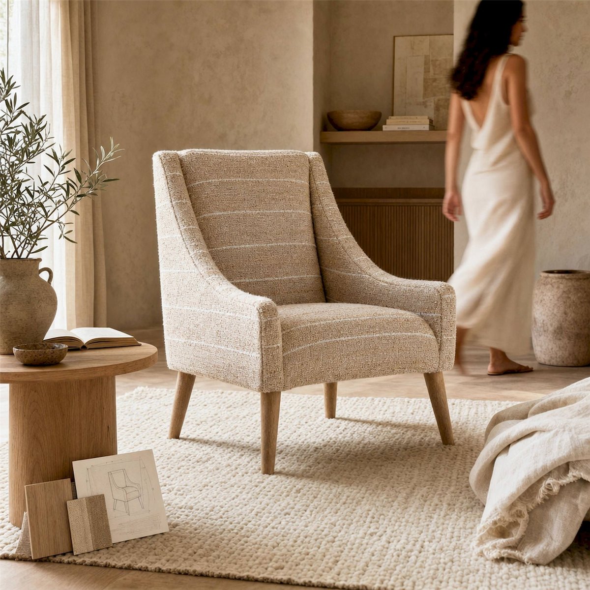 Fauteuil classique en jute tressé beige et marron, RECOLLECTION