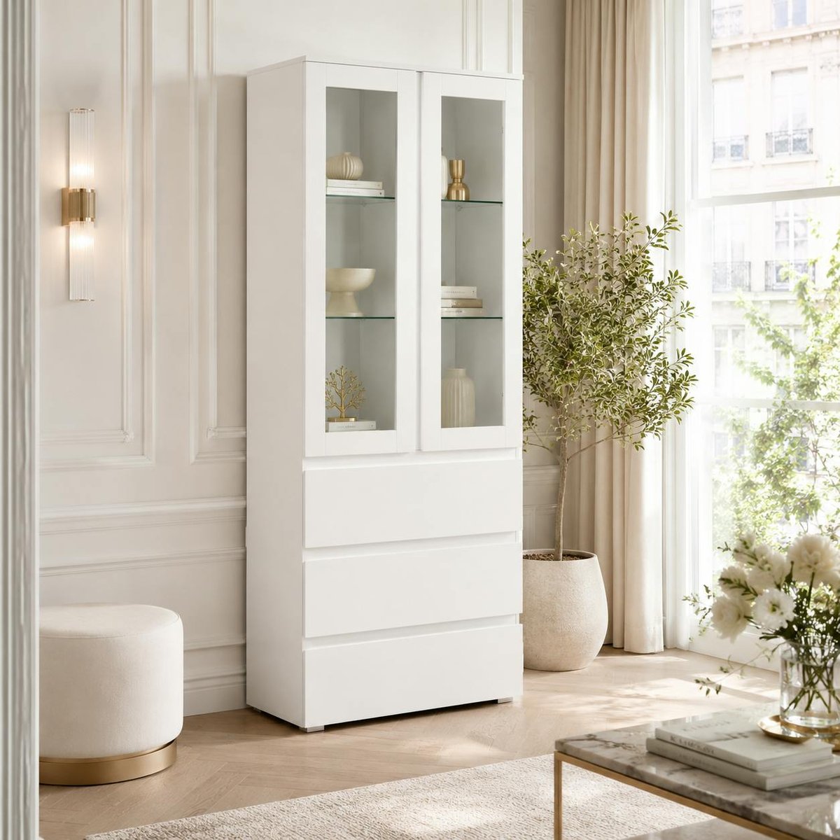 Vaisselier vitrine blanc moderne 2 portes 3 tiroirs ALVA blanc, PIER IMPORT