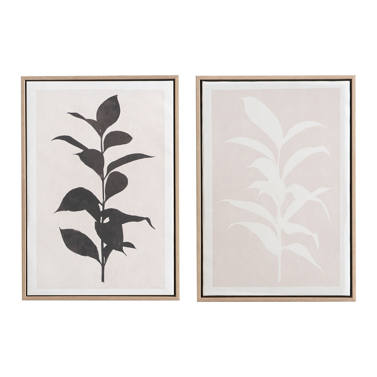 Set of 2 Natural and Black Leaf Print Canvases with Natural Frames natural, SO'HOME
