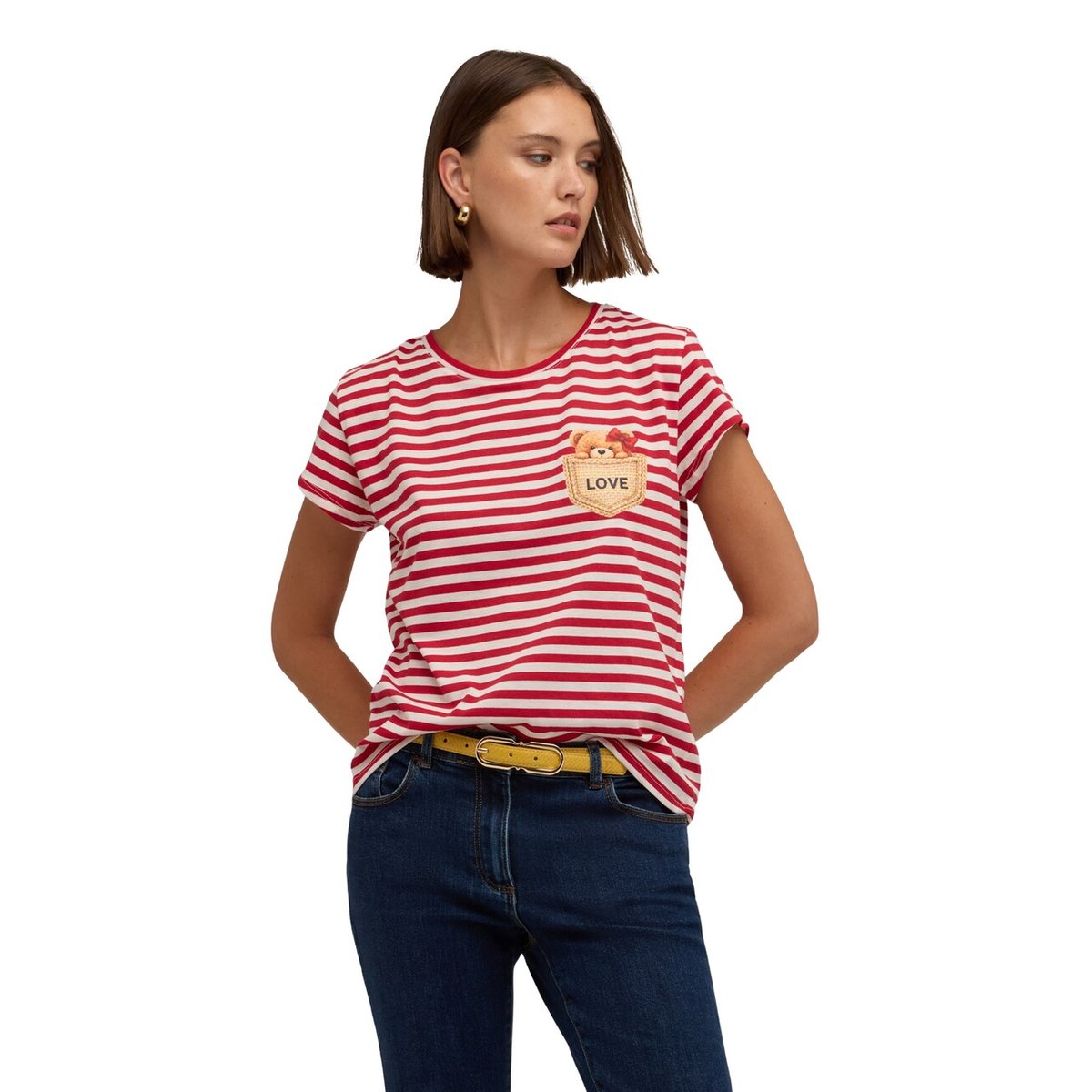 T-shirt à rayures avec application ourson rouge, MOTIVI