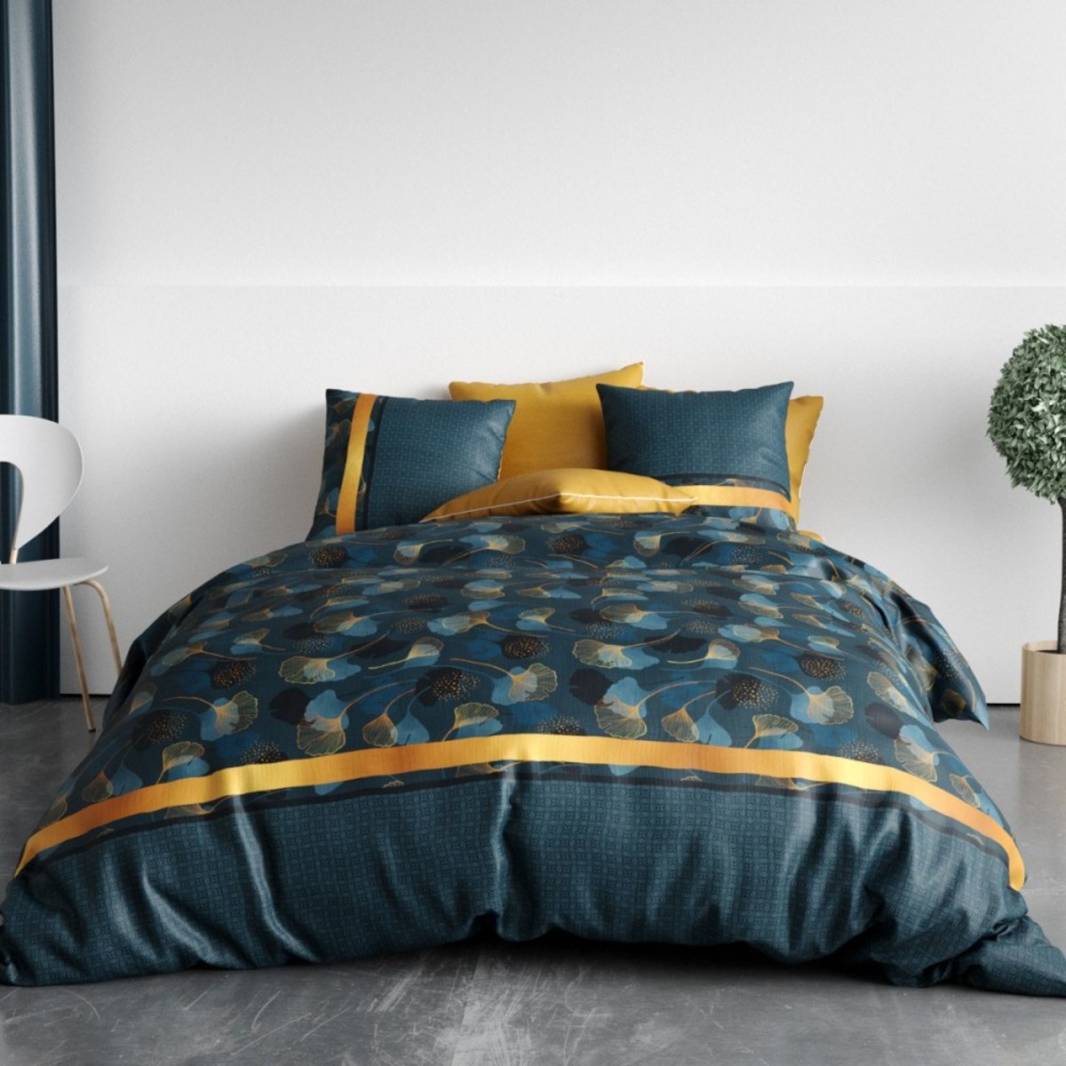Housse de couette 240x220 GINKO + 2 taies coton 57 fils bleu, DECORATIE