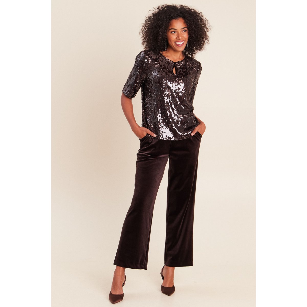 T-shirt à sequins manches courtes marron foncé, BREAL