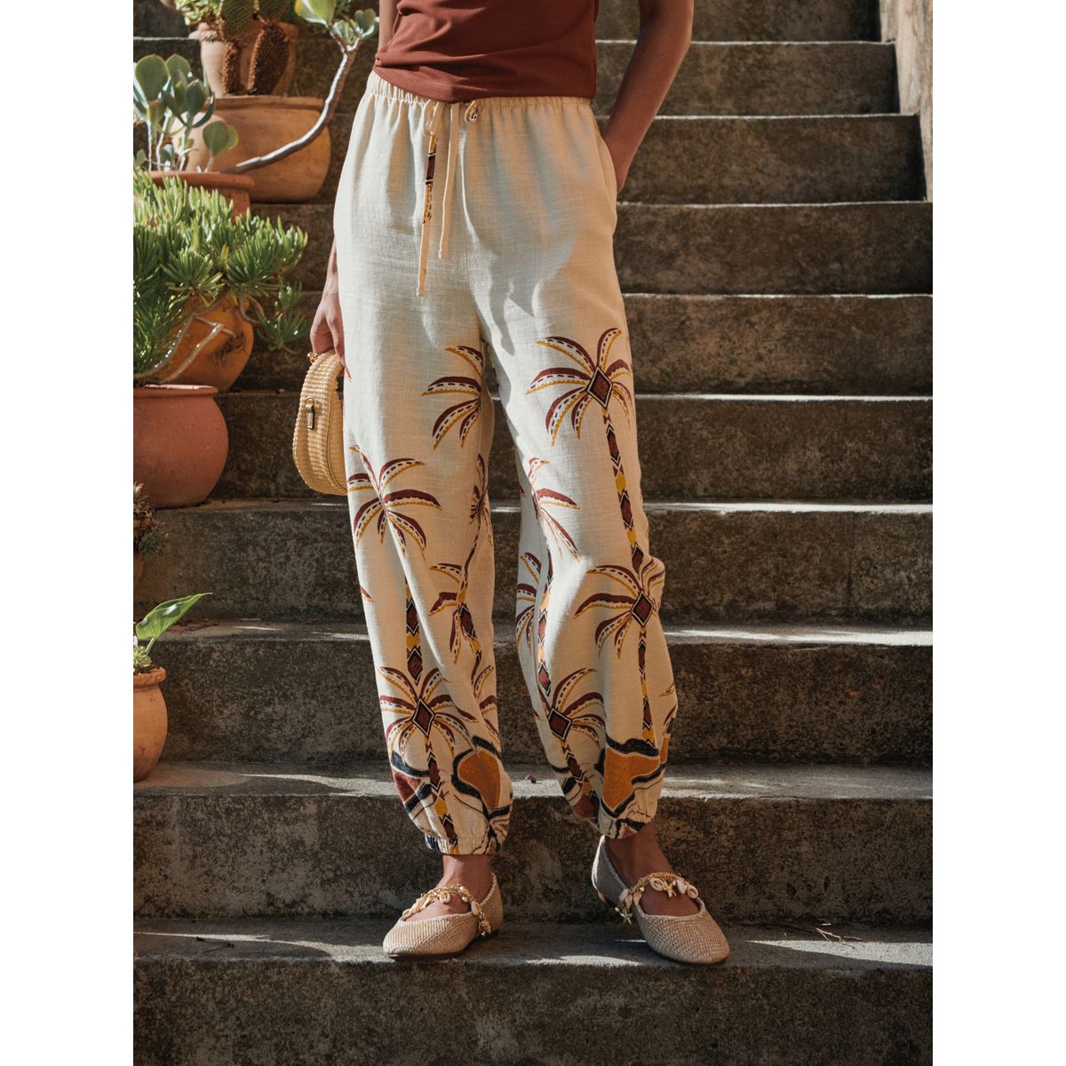 Pantalon bouffant en lin mélangé imprimé palmier beige, NEXT