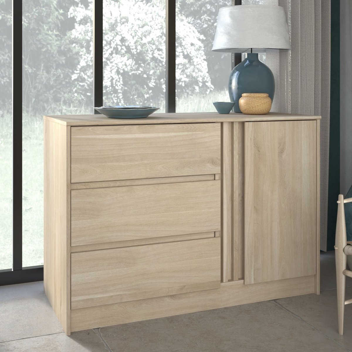 Commode avec 3 tiroirs et 1 porte - CLEM bois naturel, TERRE DE NUIT