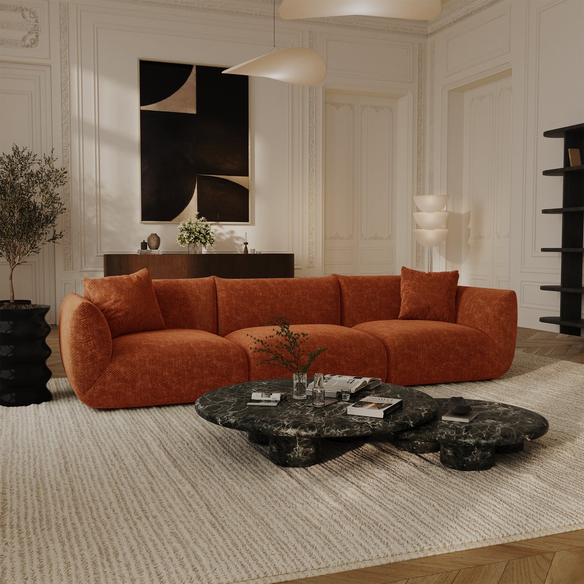 Canapé modulable 5 places en velours chenillé NOOMA terracotta, SIA HOME