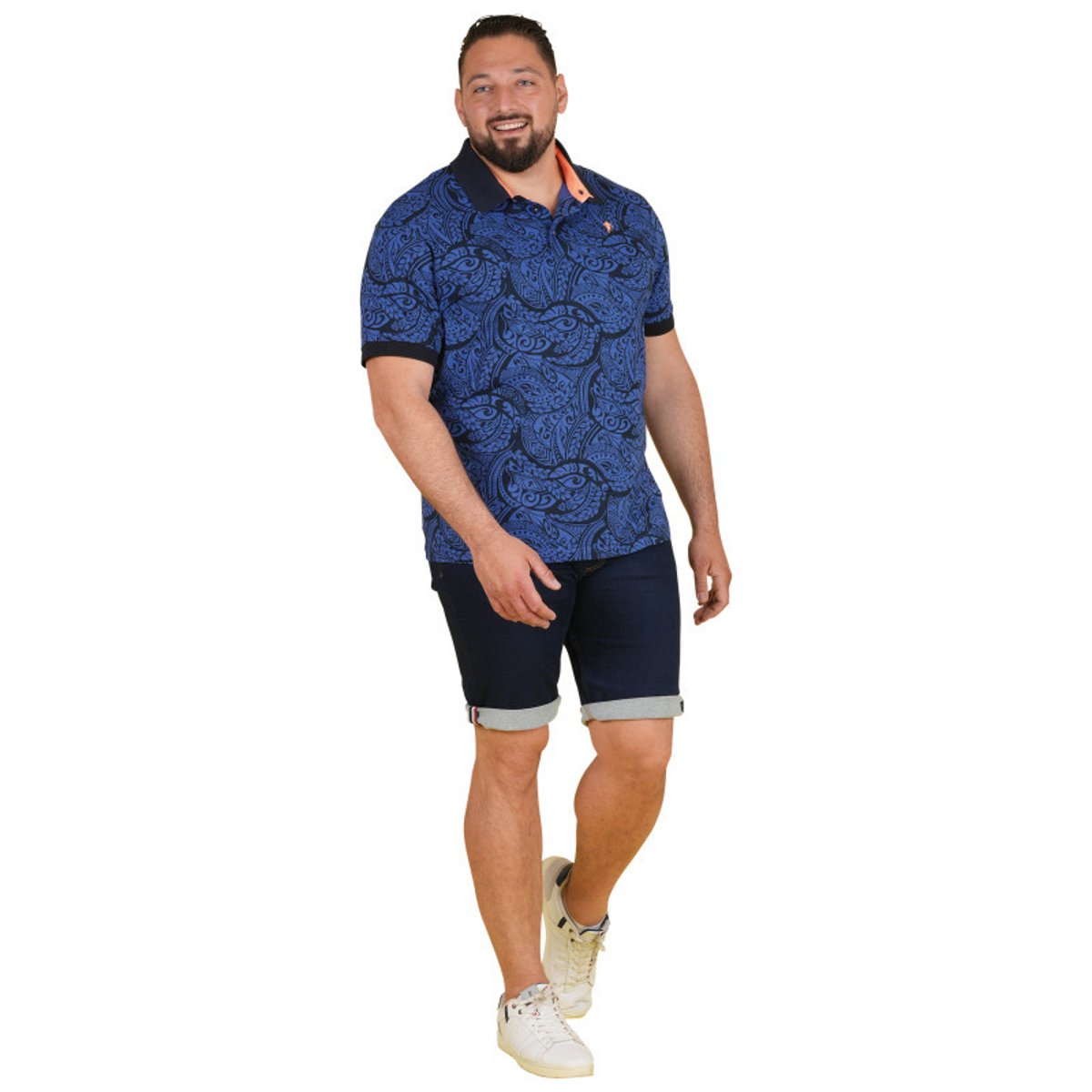 Polo en coton biologique bleu imprimé pourvu d'un col boutonné bleu, RUCKFIELD