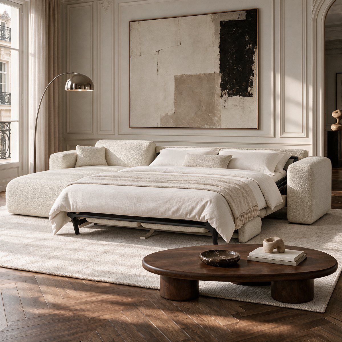 Canapé angle gauche convertible 5 places en tissu bouclette MYRA crème, SIA HOME