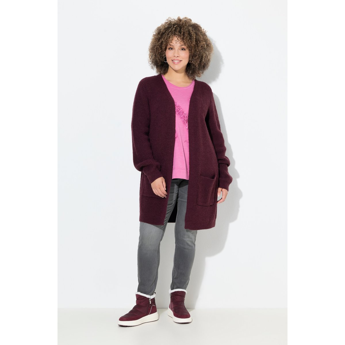 Cardigan long à col en V prune, ULLA POPKEN