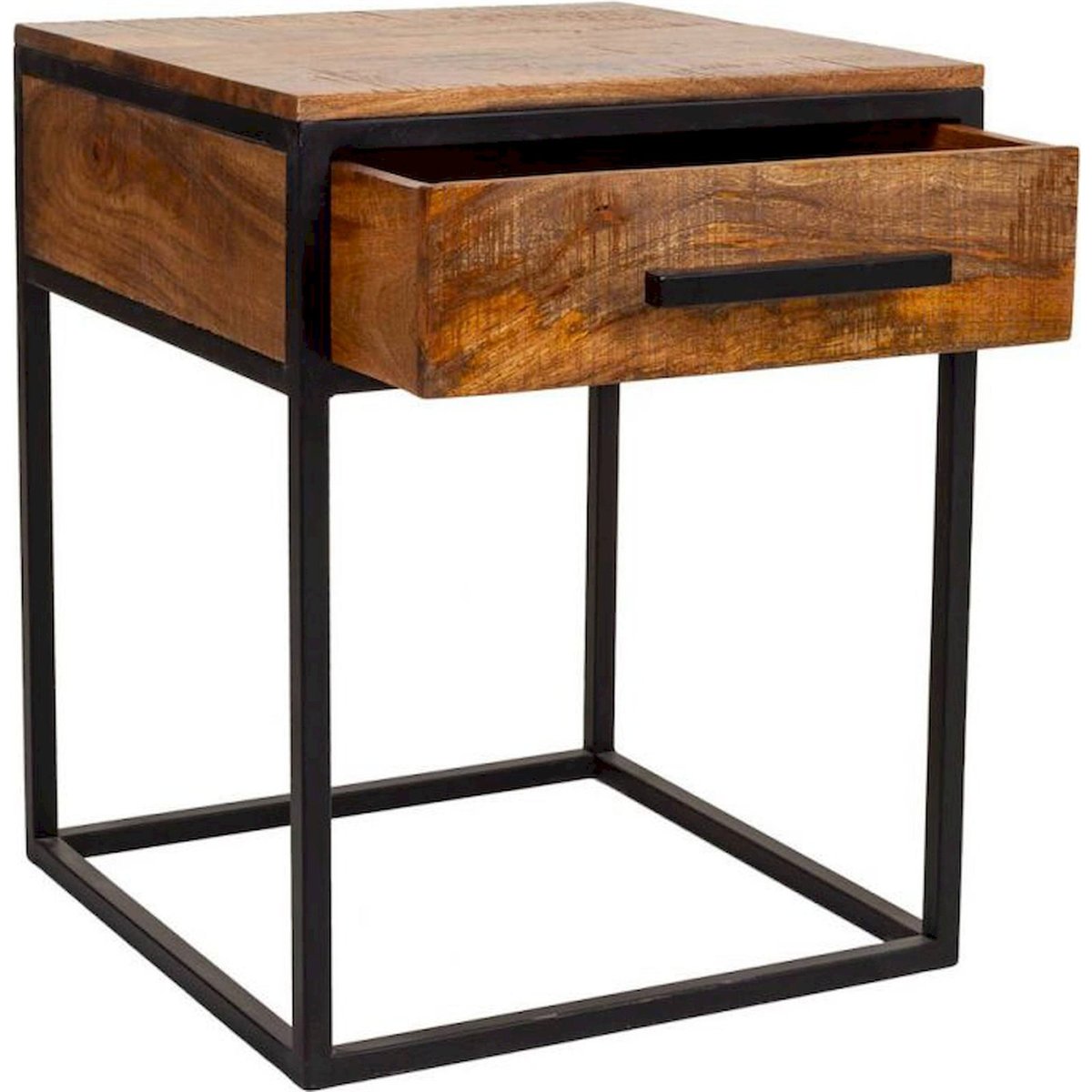Table de chevet carrée en bois et métal bois foncé et noir mat, RECOLLECTION