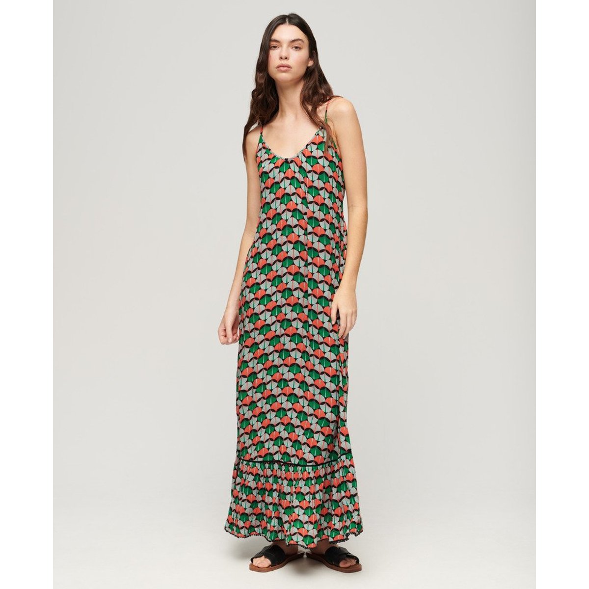 Robe longue caraco de plage orange géométrique, SUPERDRY