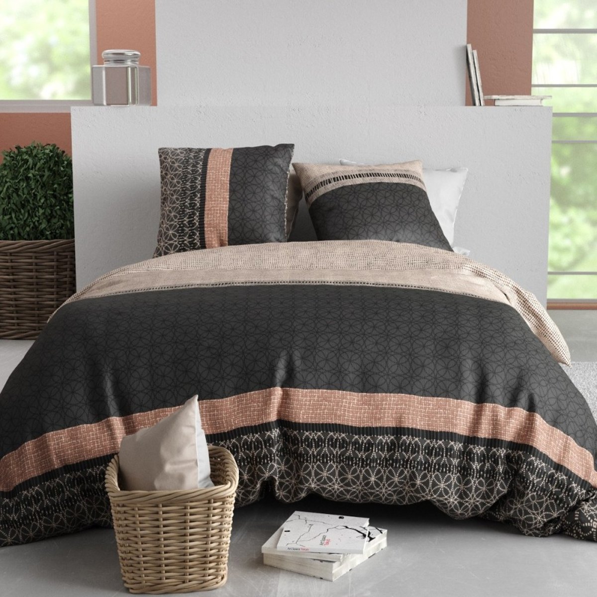 Housse de couette 100% coton 57 fils + 2 taies d’oreiller multicolore, DECORATIE