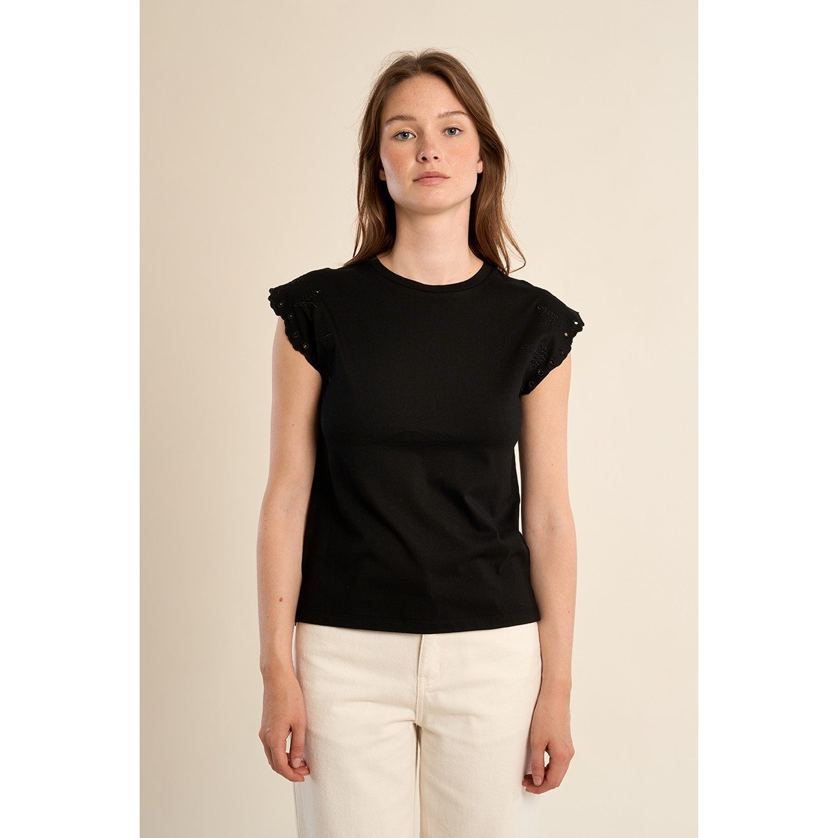 T-shirt en coton avec manches brodées noir, MOLLY BRACKEN