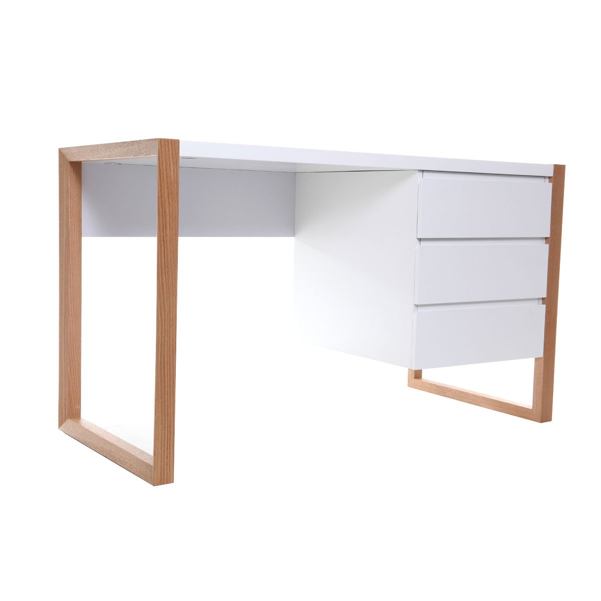 Bureau avec rangements 3 tiroirs scandinave blanc mat et bois clair frêne massif L130 cm ARMEL blanc, MILIBOO