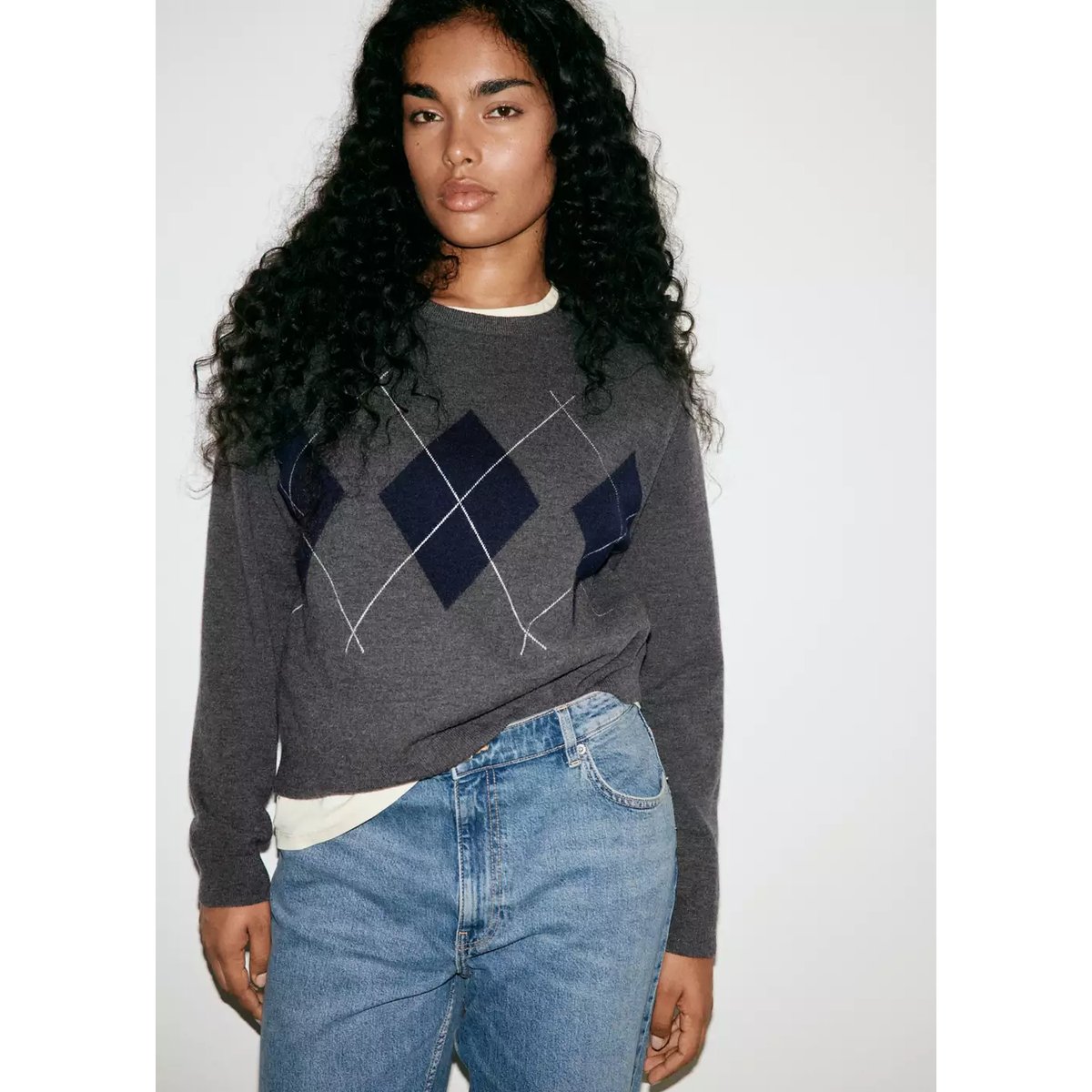 Pull maille losanges gris chiné moyen, MANGO