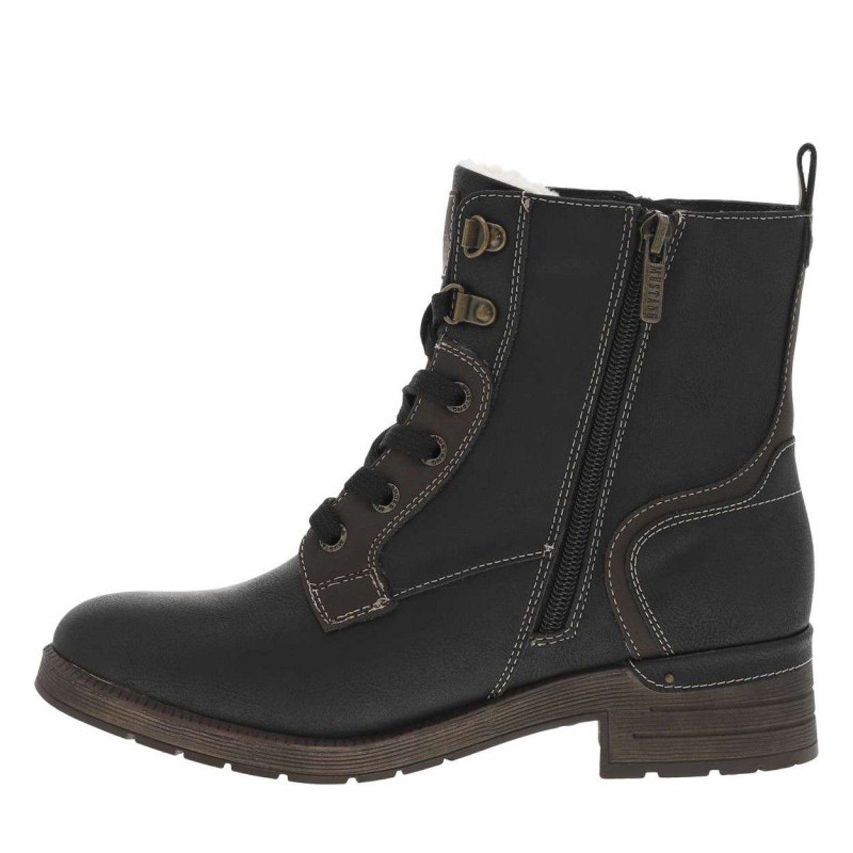 Bottines noires à talon décroché bas avec un zip et des lacets ronds noires, MUSTANG