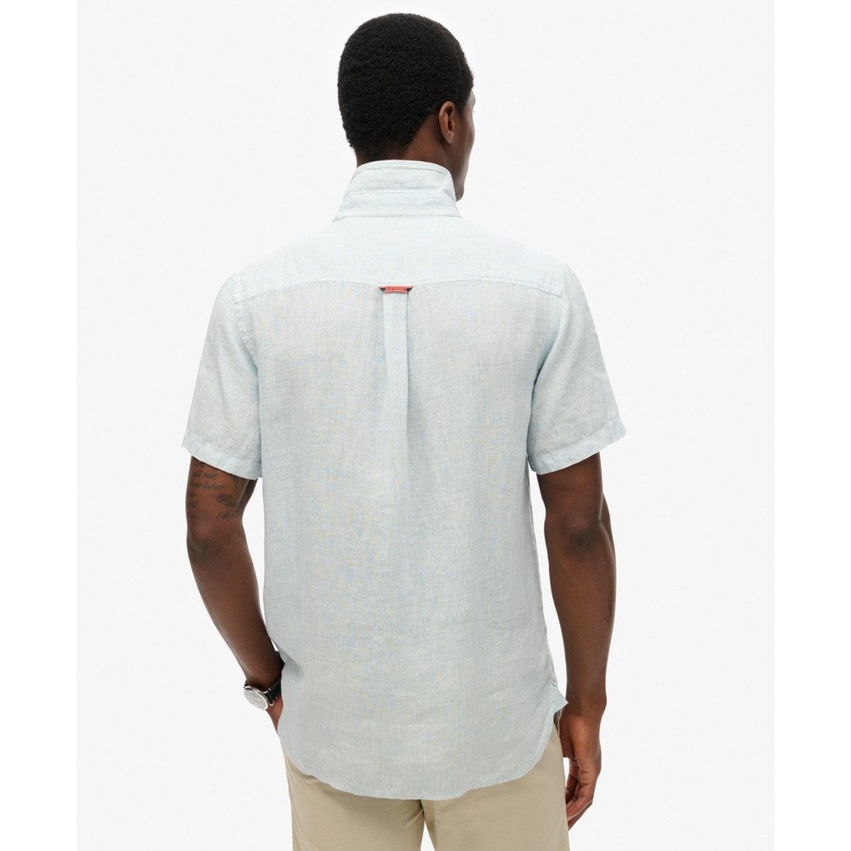 Chemise en lin Vacation brodée bleu ciel rayé ticking, SUPERDRY