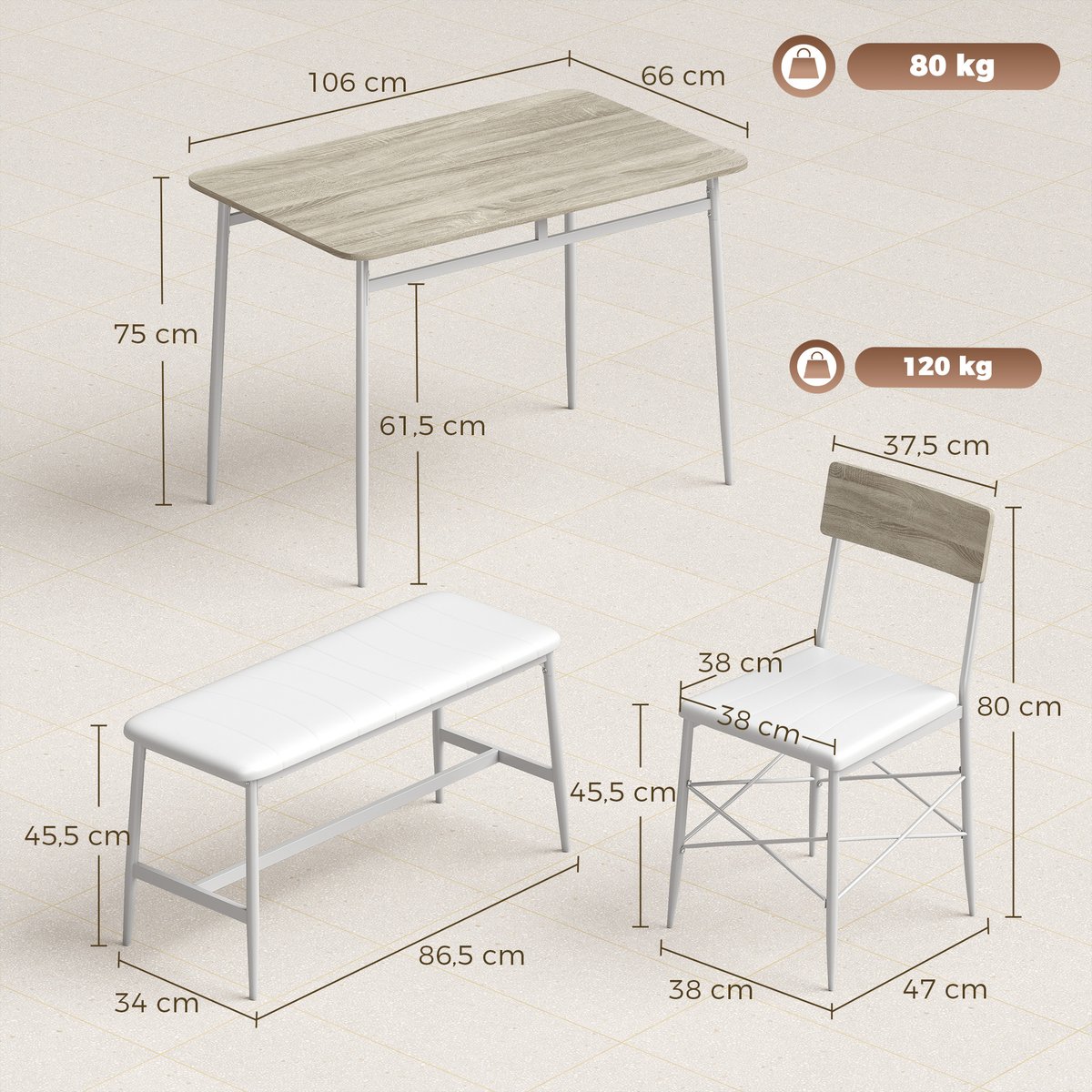 Ensemble de table à manger MDF Chêne chêne naturel et blanc, HOMCOM