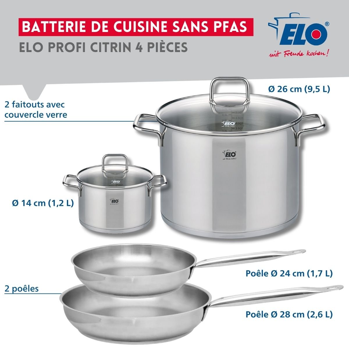 Batterie 2 poêles 24/28cm + 2 faitouts 14/26cm PROFI CITRIN gris, ELO