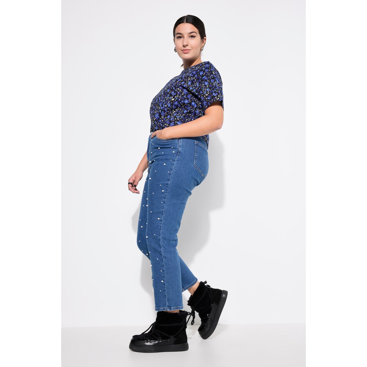 Jean mom 5 poches à perles fantaisie classique denim bleu, STUDIO UNTOLD